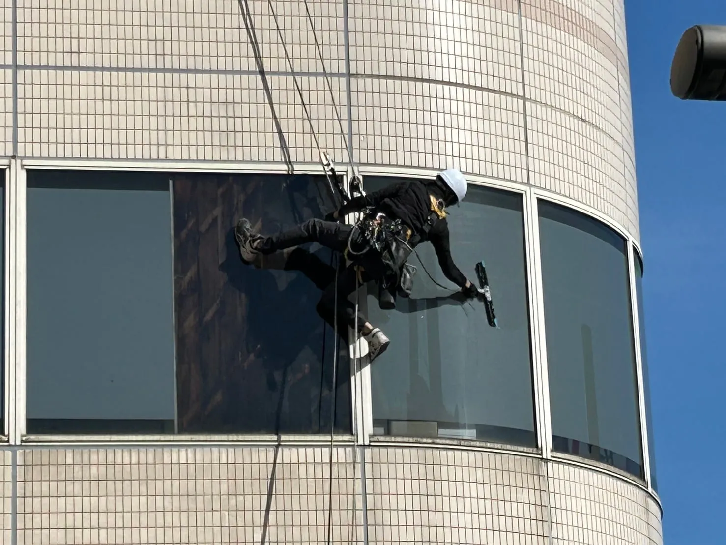 円筒形のビルのガラス面を、ロープで降下しながら清掃する作業員